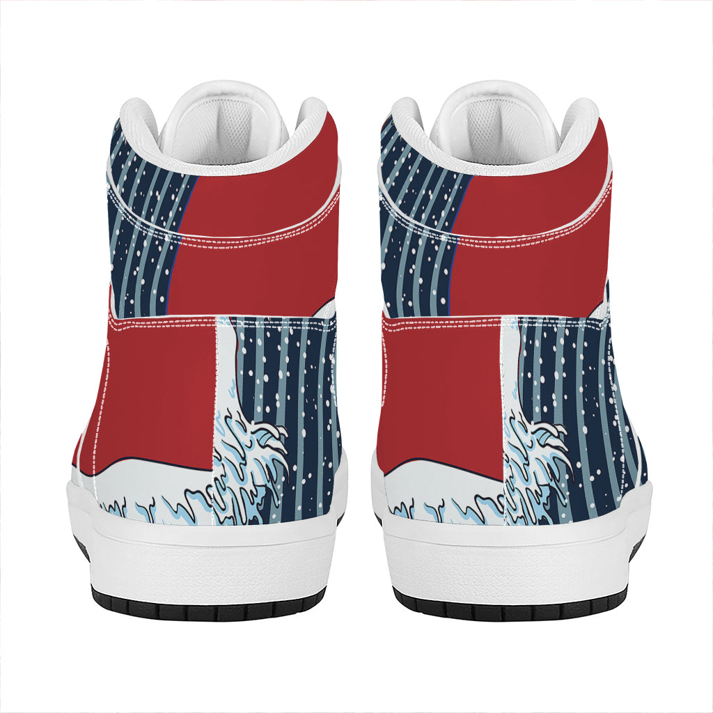 The Great Kanagawa Wave Print High Top Leather Sneakers
