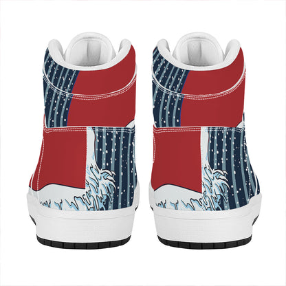 The Great Kanagawa Wave Print High Top Leather Sneakers