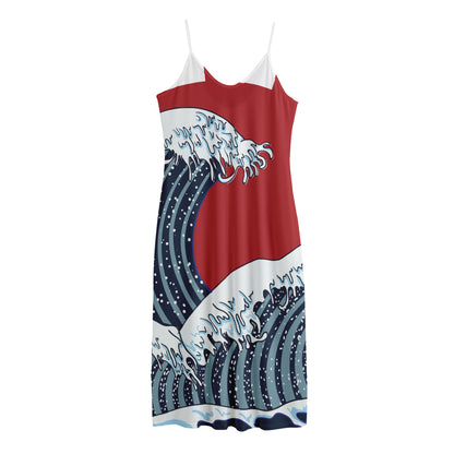 The Great Kanagawa Wave Print Jersey Midi Cami Dress