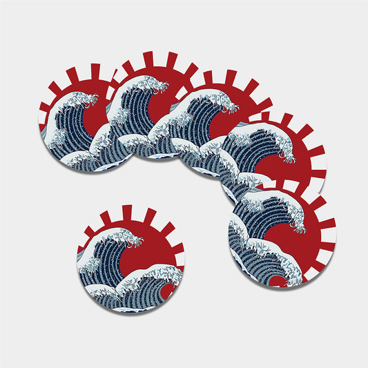 The Great Kanagawa Wave Print Leather Coaster Set