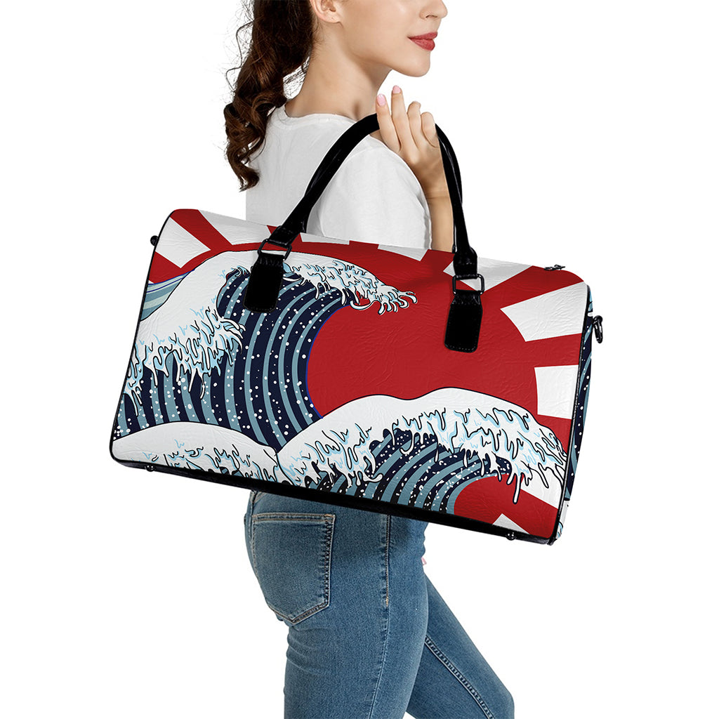 The Great Kanagawa Wave Print Leather Duffle Bag