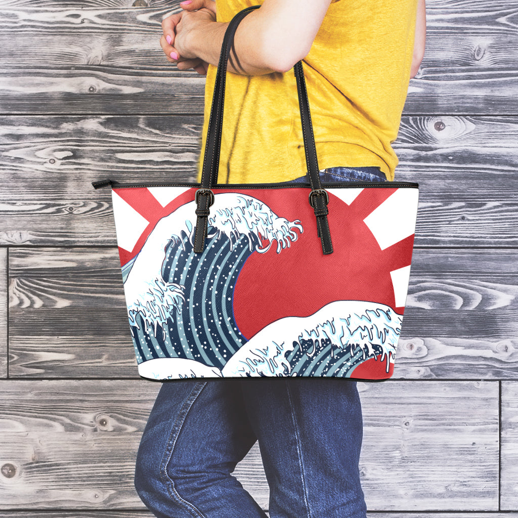 The Great Kanagawa Wave Print Leather Tote Bag