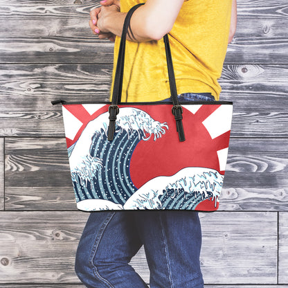 The Great Kanagawa Wave Print Leather Tote Bag