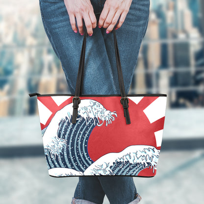 The Great Kanagawa Wave Print Leather Tote Bag