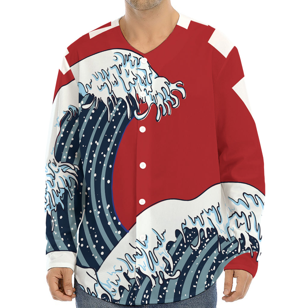 The Great Kanagawa Wave Print Long Sleeve Baseball Jersey