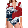 The Great Kanagawa Wave Print Long Sleeve Swimsuit