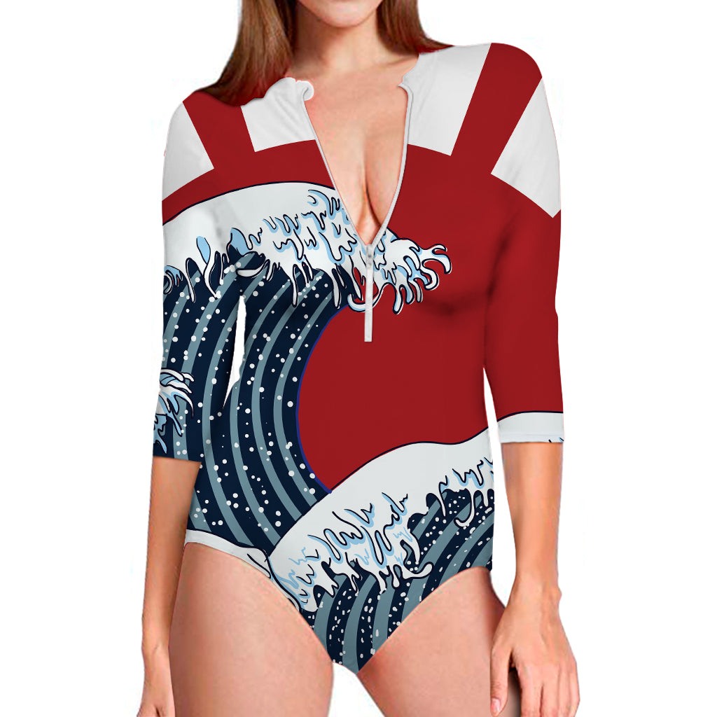 The Great Kanagawa Wave Print Long Sleeve Swimsuit