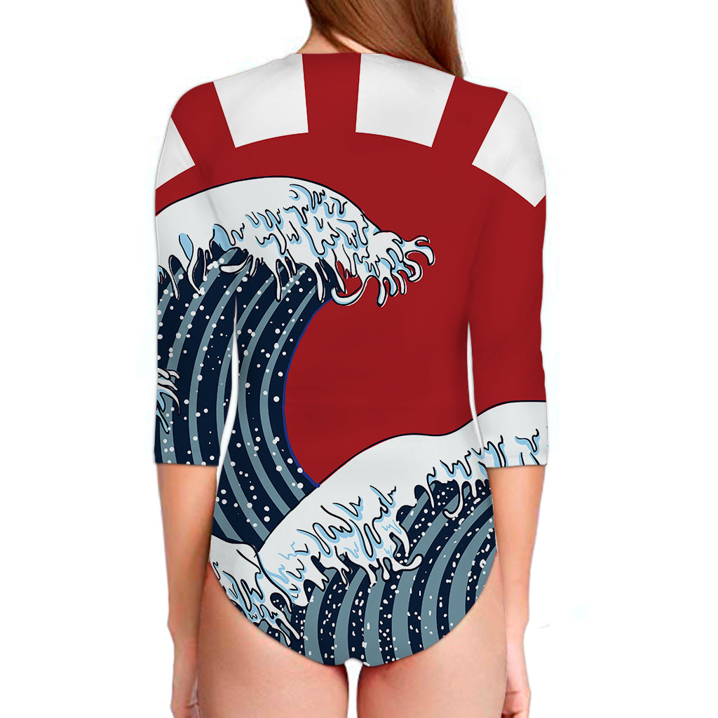 The Great Kanagawa Wave Print Long Sleeve Swimsuit