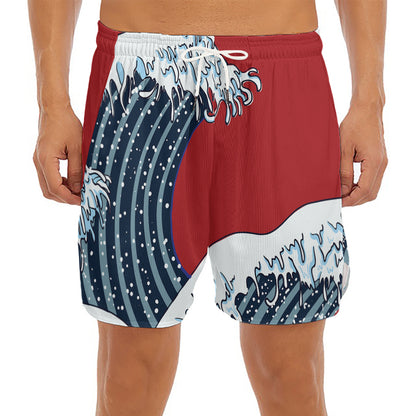The Great Kanagawa Wave Print Men's Split Running Shorts