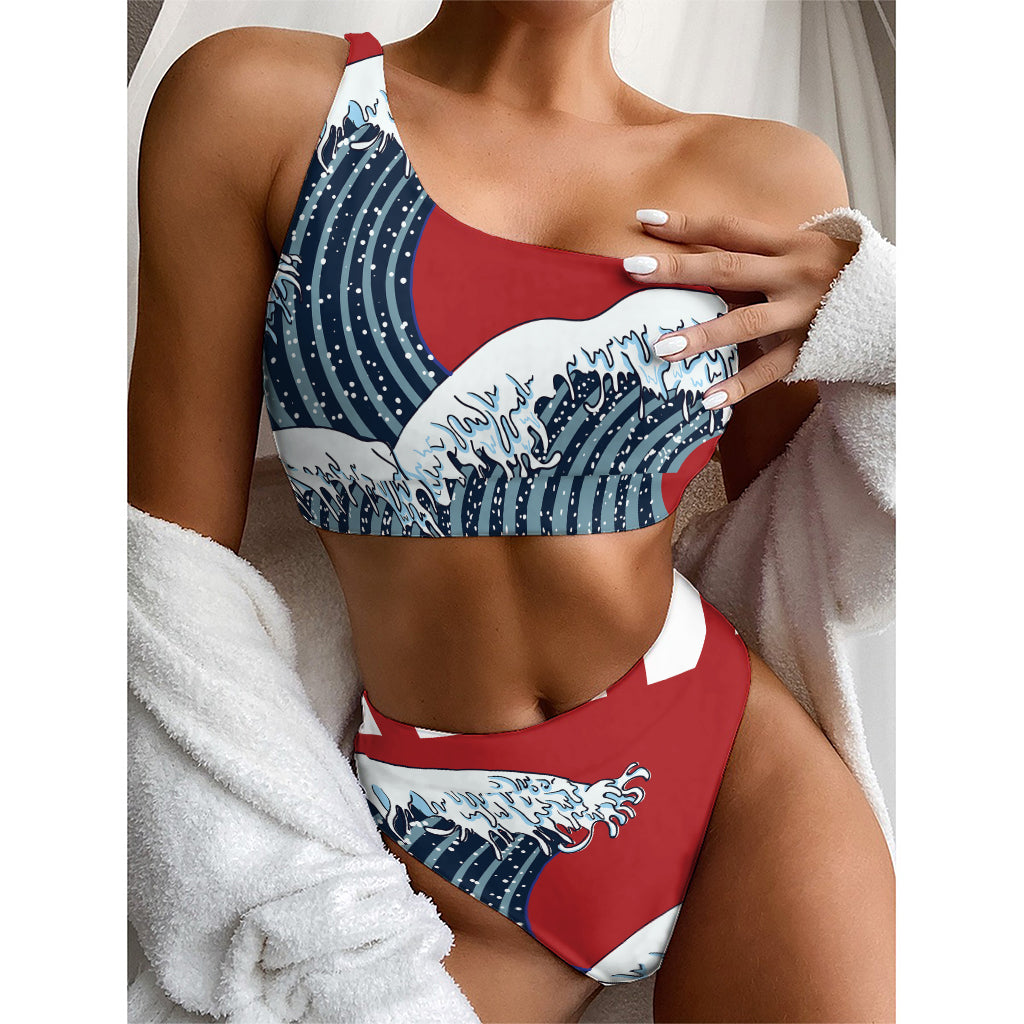 The Great Kanagawa Wave Print One Shoulder Bikini Top