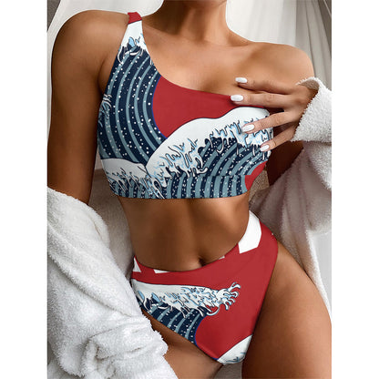 The Great Kanagawa Wave Print One Shoulder Bikini Top