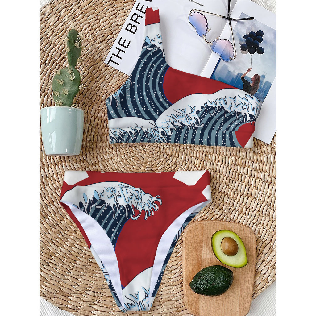 The Great Kanagawa Wave Print One Shoulder Bikini Top