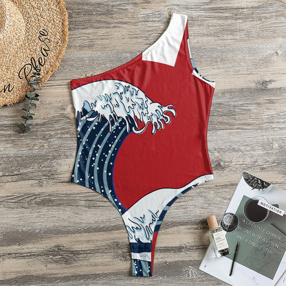 The Great Kanagawa Wave Print One Shoulder Bodysuit
