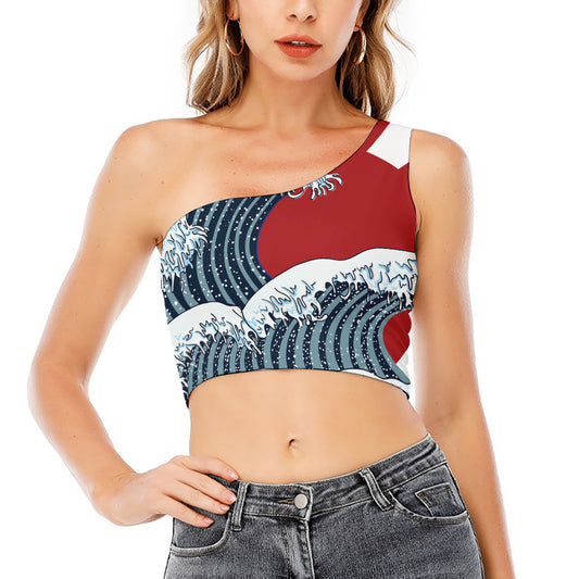 The Great Kanagawa Wave Print One Shoulder Crop Top