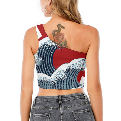The Great Kanagawa Wave Print One Shoulder Crop Top