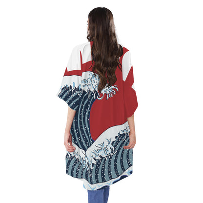The Great Kanagawa Wave Print Open Front Beach Cover Up