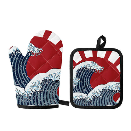 The Great Kanagawa Wave Print Oven Mitt And Pot Holder Set