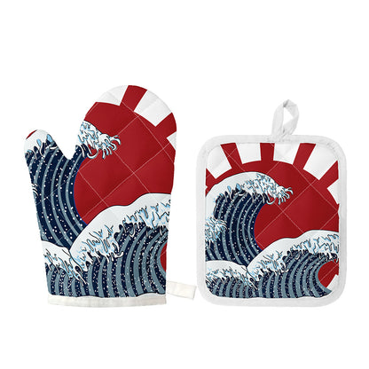 The Great Kanagawa Wave Print Oven Mitt And Pot Holder Set