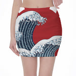 The Great Kanagawa Wave Print Pencil Mini Skirt