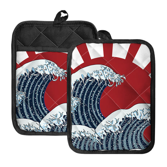 The Great Kanagawa Wave Print Pot Holders With Pocket