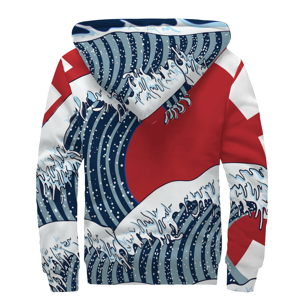 The Great Kanagawa Wave Print Sherpa Lined Zip Up Hoodie