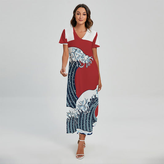 The Great Kanagawa Wave Print Short Sleeve Maxi Dress