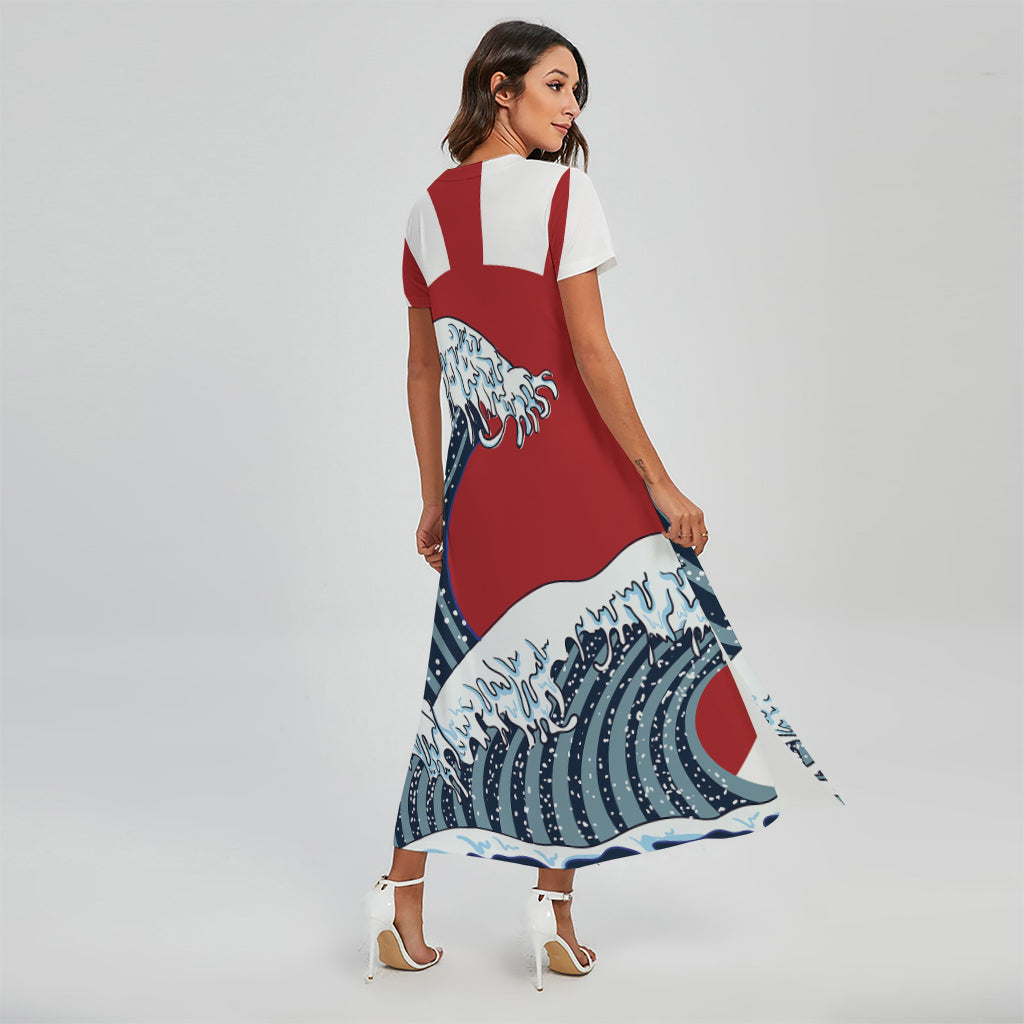 The Great Kanagawa Wave Print Short Sleeve Maxi Dress