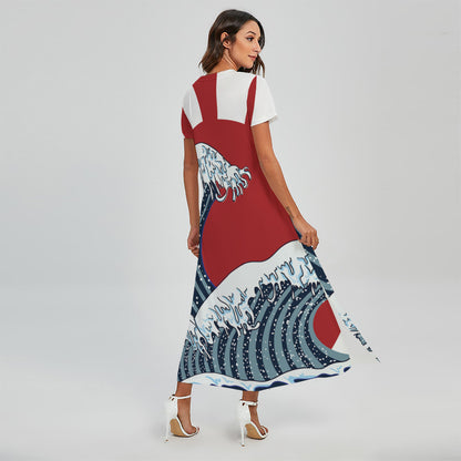 The Great Kanagawa Wave Print Short Sleeve Maxi Dress