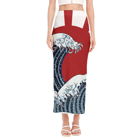 The Great Kanagawa Wave Print Side Slit Maxi Skirt