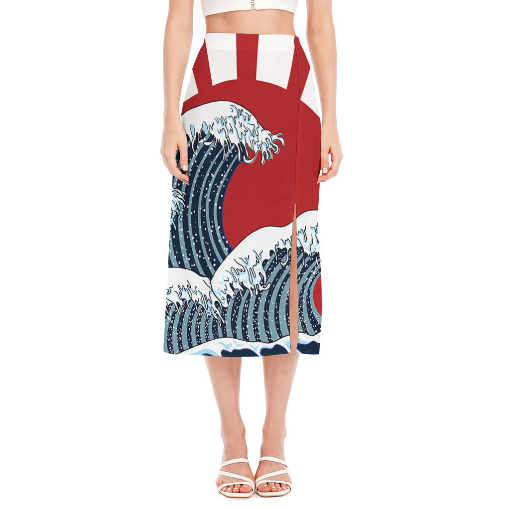 The Great Kanagawa Wave Print Side Slit Midi Skirt