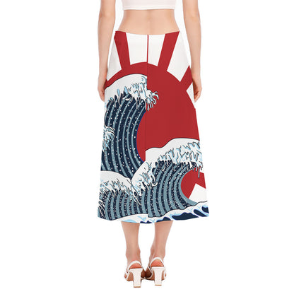 The Great Kanagawa Wave Print Side Slit Midi Skirt