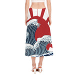 The Great Kanagawa Wave Print Side Slit Midi Skirt