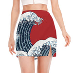 The Great Kanagawa Wave Print Side Slit Mini Skirt