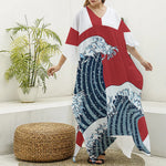 The Great Kanagawa Wave Print Silk V-Neck Kaftan Dress