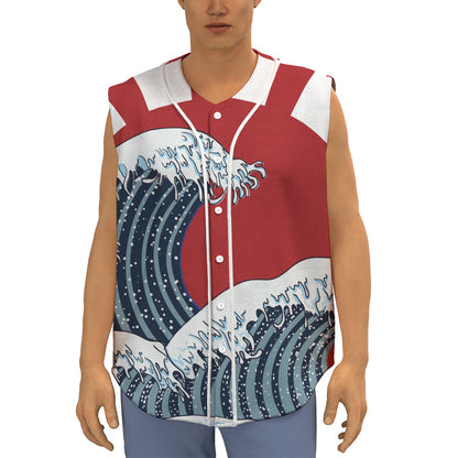 The Great Kanagawa Wave Print Sleeveless Baseball Jersey