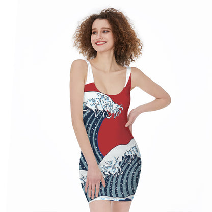 The Great Kanagawa Wave Print Sleeveless Bodycon Dress