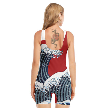 The Great Kanagawa Wave Print Sleeveless One Piece Swimsuit