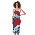 The Great Kanagawa Wave Print Slim Fit Midi Cami Dress