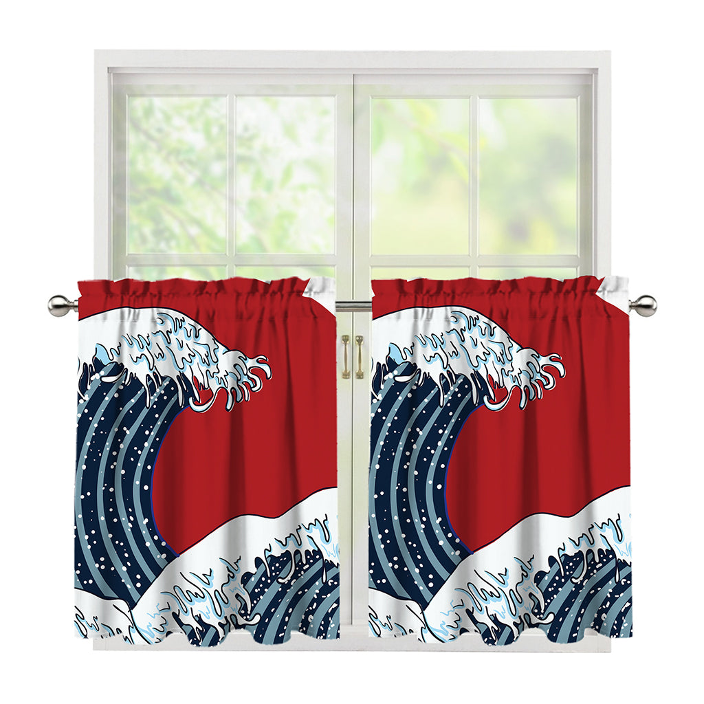 The Great Kanagawa Wave Print Tier Curtains