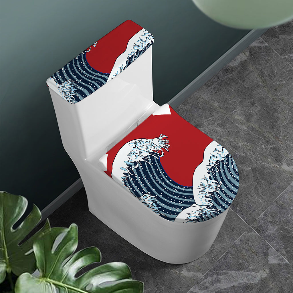 The Great Kanagawa Wave Print Toilet Lid And Tank Cover Set