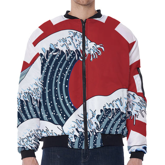 The Great Kanagawa Wave Print Zip Sleeve Bomber Jacket
