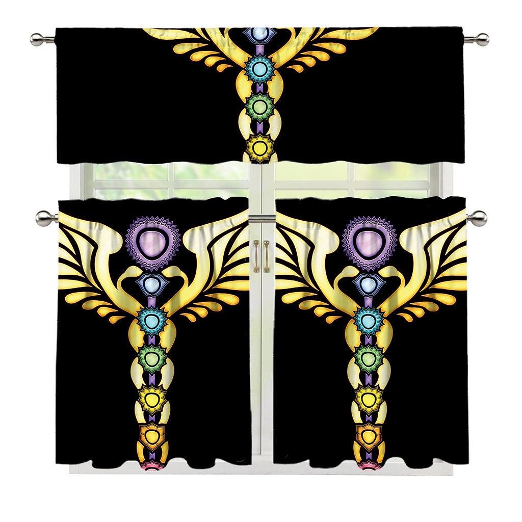 The Seven Chakras Caduceus Print 3 Piece Kitchen Curtains