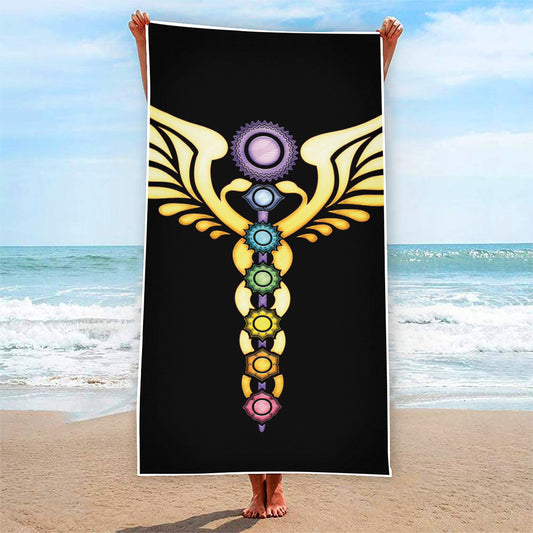The Seven Chakras Caduceus Print Beach Towel