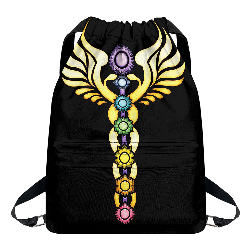The Seven Chakras Caduceus Print Drawstring Backpack