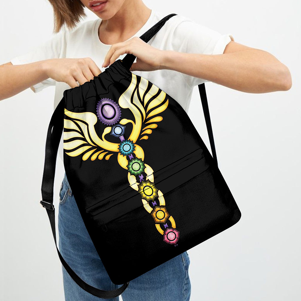 The Seven Chakras Caduceus Print Drawstring Backpack
