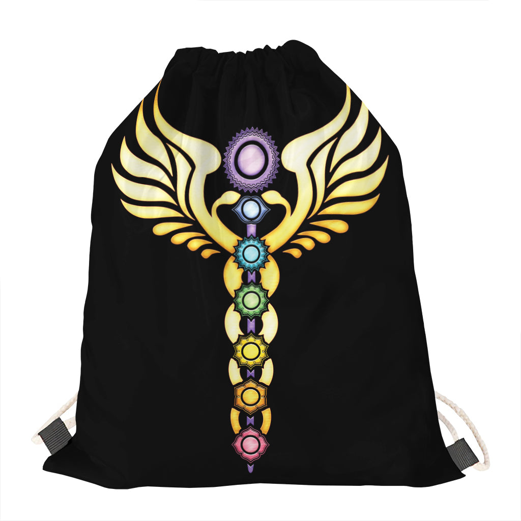 The Seven Chakras Caduceus Print Drawstring Bag