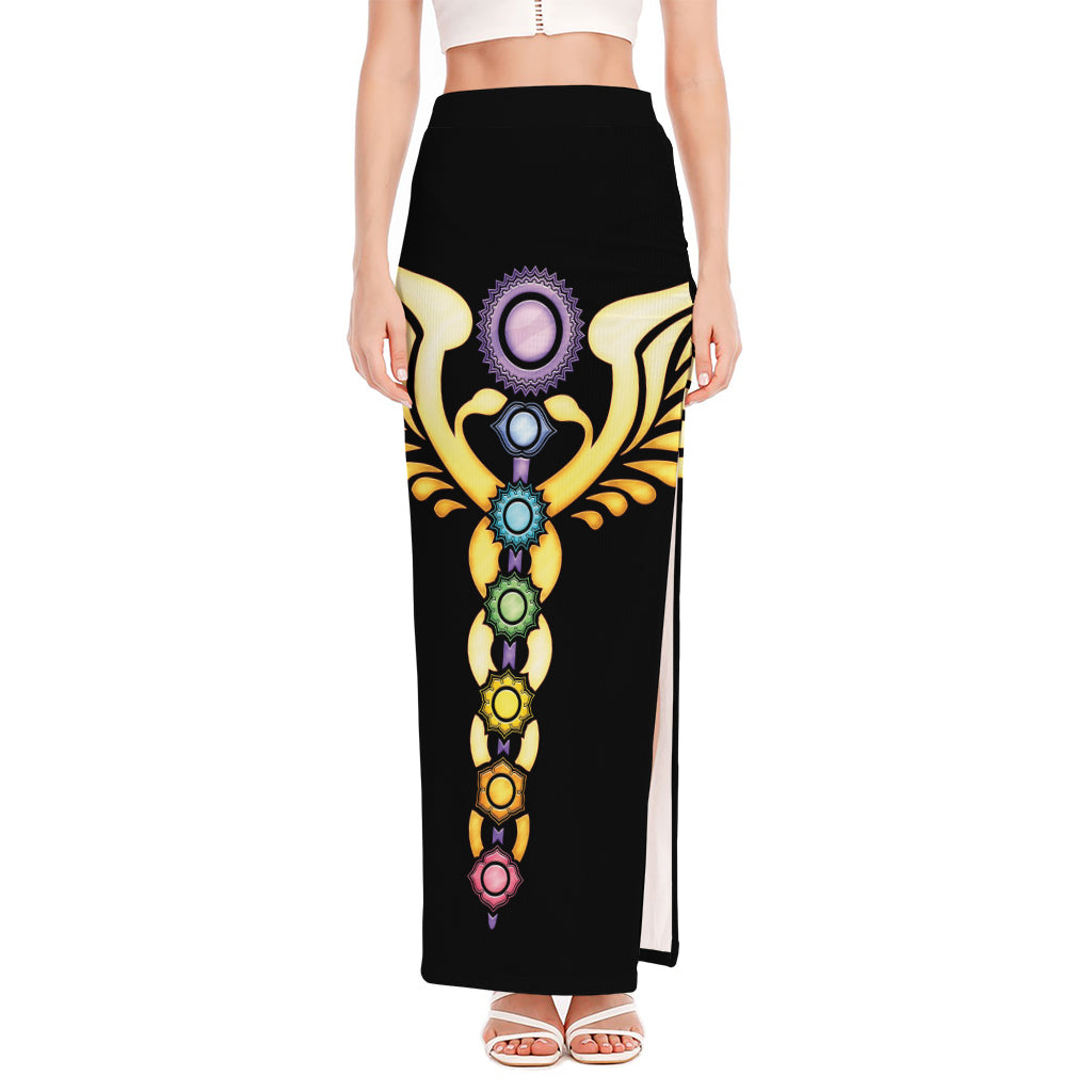 The Seven Chakras Caduceus Print High Slit Maxi Skirt