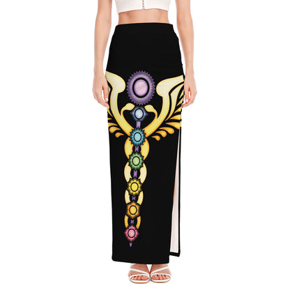 The Seven Chakras Caduceus Print High Slit Maxi Skirt