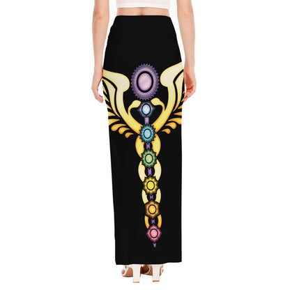 The Seven Chakras Caduceus Print High Slit Maxi Skirt