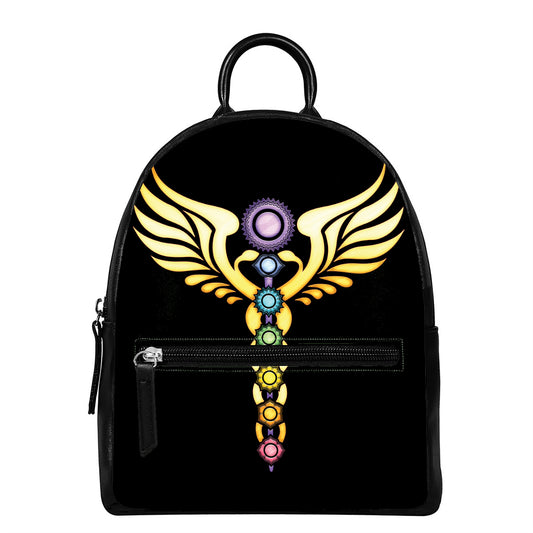 The Seven Chakras Caduceus Print Leather Backpack